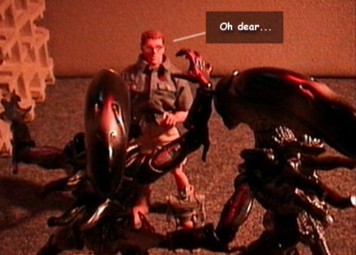 At this point I should have shown more aliens in the shot. This should have built from the two to the four I had ready.