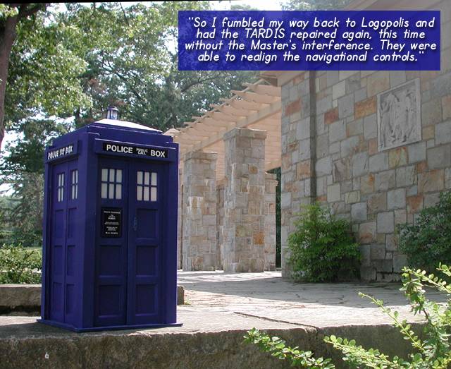 This was shot in Bird Park in Walpole, MA. There is a gorgeous stone band-stand there that filled in for Logopolis for me.